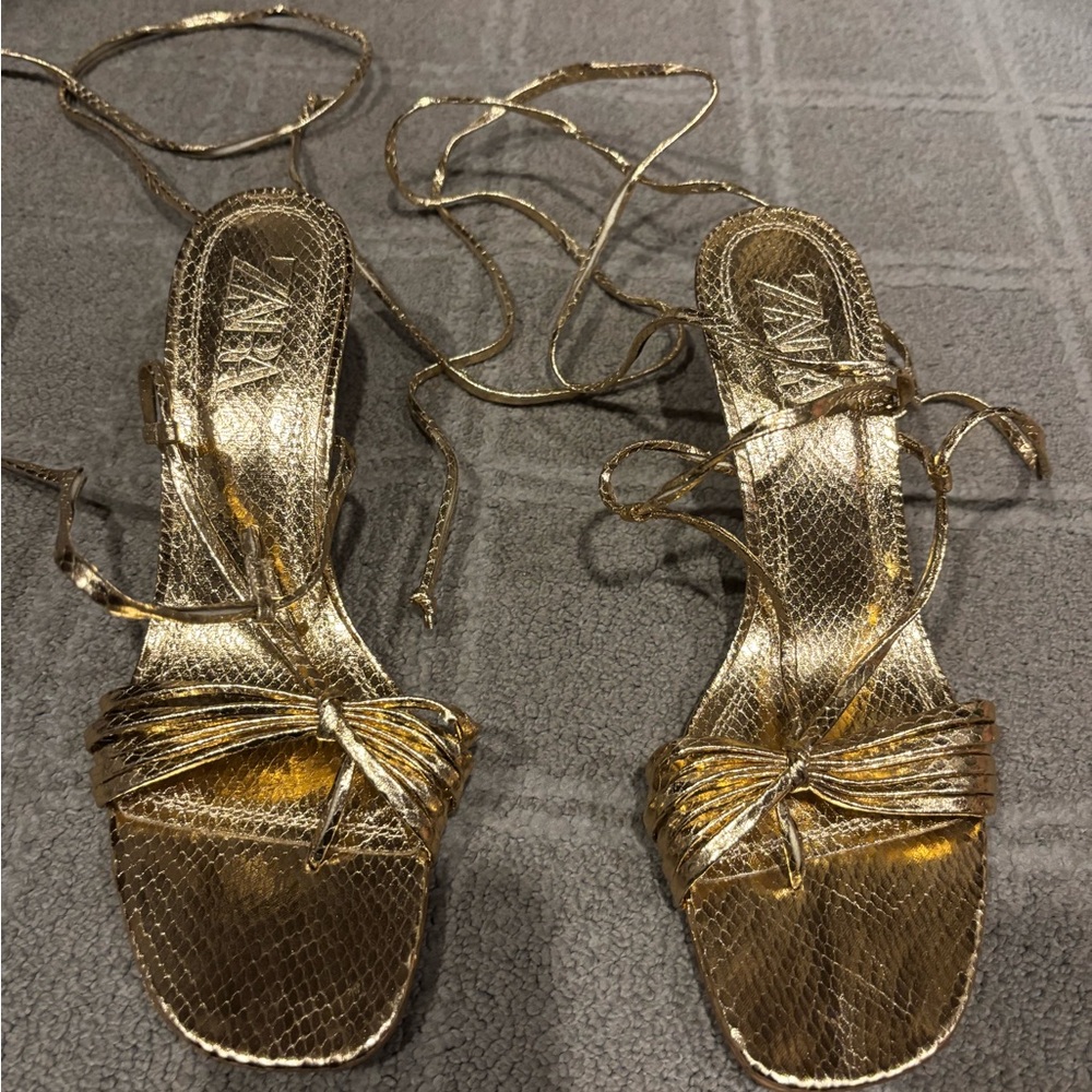 Zara Metallic Gold Lace-Up Sandals